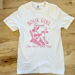 Book Girl Summer T-shirt Women's Small S Shirt Ivory Off-White Pink Bookish